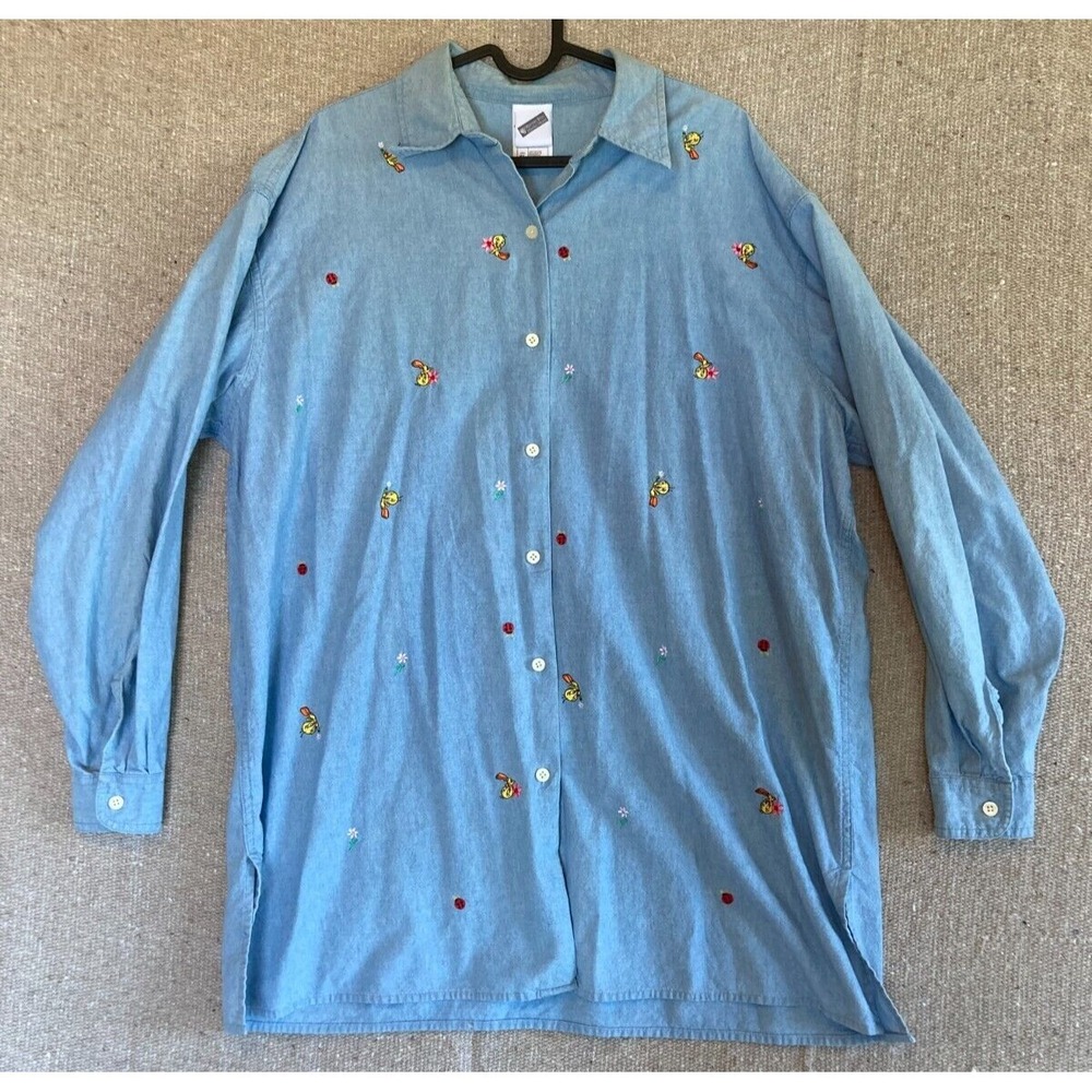 VTG WB Warner Studios Womens Sz XL Denim Tweety Bird Embroidered Long Sleeve